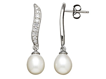 Picture of 8-9mm Off-Round White Freshwater Pearl and White Sapphire Sterling Silver Drop Earrings