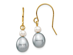 14K Yellow Gold 4-7mm White/Grey Round/Rice Freshwater Cultured Pearl Dangle Earrings