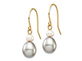 14K Yellow Gold 4-7mm White/Grey Round/Rice Freshwater Cultured Pearl Dangle Earrings