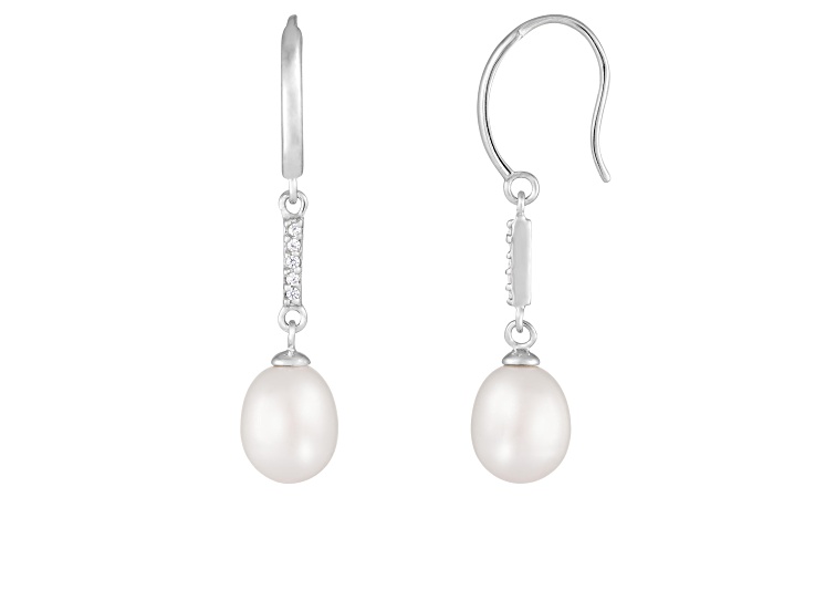 7.5-8mm White Cultured Freshwater Pearl and Cubic Zirconia Rhodium Over Sterling Silver Earrings