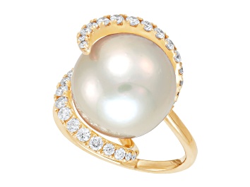Picture of 13-14mm Round White Freshwater Pearl with 0.48ctw Diamond 14K Yellow Gold Ring