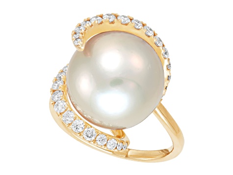 13-14mm Round White Freshwater Pearl with 0.48ctw Diamond 14K Yellow Gold Ring