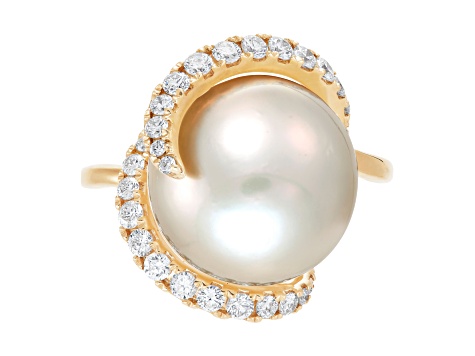 13-14mm Round White Freshwater Pearl with 0.48ctw Diamond 14K Yellow Gold Ring