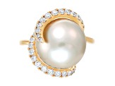 13-14mm Round White Freshwater Pearl with 0.48ctw Diamond 14K Yellow Gold Ring