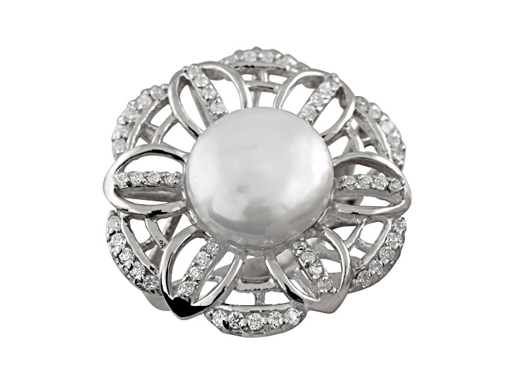 12.5-13mm White Coin Cultured Freshwater Pearl and Cubic Zirconia Rhodium Over Silver Ring