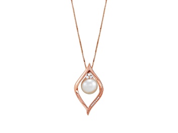 Picture of 8-8.5mm Button White Freshwater Pearl with Diamond Accents 10K Rose Gold Pendant with Chain