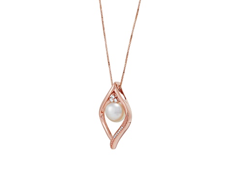 8-8.5mm Button White Freshwater Pearl with Diamond Accents 10K Rose Gold Pendant with Chain