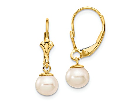 14K Yellow Gold 6-7mm White Round Freshwater Cultured Pearl Leverback Earrings