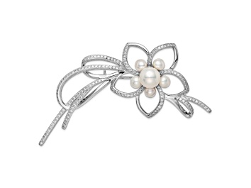 Picture of Rhodium Over Sterling Silver 4-7mm White Freshwater Pearl Cubic Zirconia Flower Pin