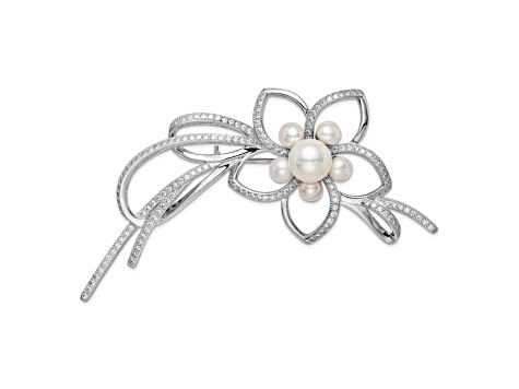 Rhodium Over Sterling Silver 4-7mm White Freshwater Pearl Cubic Zirconia Flower Pin