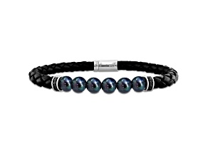 Black Freshwater Cultured Pearl and Diamond Braided Black Leather Unisex Bracelet 0.11ctw
