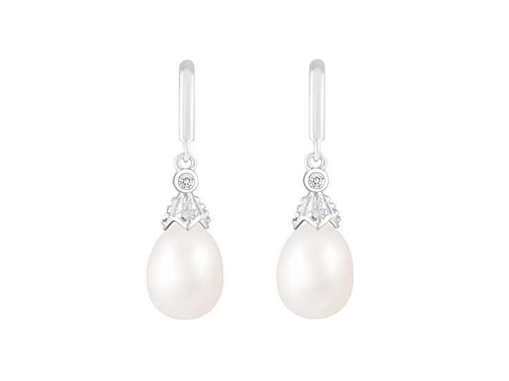 7-8mm White Cultured Freshwater Pearl and Cubic Zirconia Rhodium Over Sterling Silver Earrings