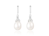 7-8mm White Cultured Freshwater Pearl and Cubic Zirconia Rhodium Over Sterling Silver Earrings