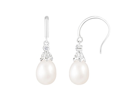 7-8mm White Cultured Freshwater Pearl and Cubic Zirconia Rhodium Over Sterling Silver Earrings