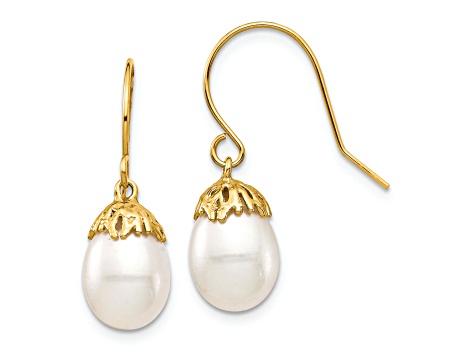 14K Yellow Gold 7-8mm White Rice Freshwater Cultured Pearl Dangle Earrings