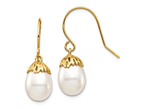 14K Yellow Gold 7-8mm White Rice Freshwater Cultured Pearl Dangle Earrings