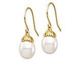 14K Yellow Gold 7-8mm White Rice Freshwater Cultured Pearl Dangle Earrings