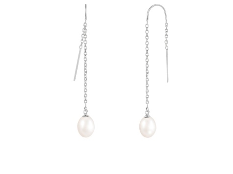 7-8mmWhite Cultured Freshwater Pearl Rhodium Over Sterling Silver Earrings