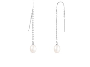 7-8mmWhite Cultured Freshwater Pearl Rhodium Over Sterling Silver Earrings