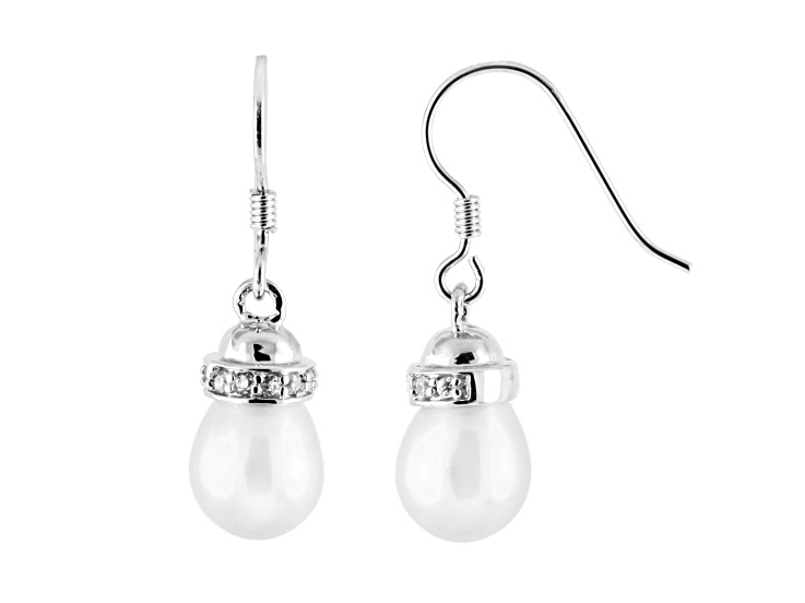 7.5-8mm White Cultured Freshwater Pearl and Cubic Zirconia Rhodium Over Sterling Silver Earrings
