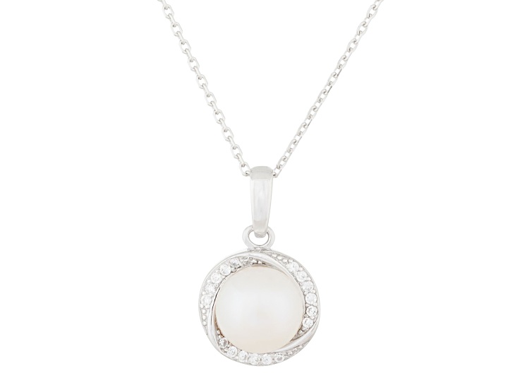 8-8.5mm Button White Cultured Freshwater Pearl and CZ Rhodium Over Sterling Silver Pendant