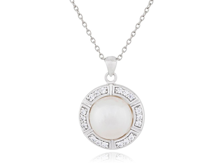 11-12mm Button White Cultured Freshwater Pearl and CZ Rhodium Over Sterling Silver Pendant
