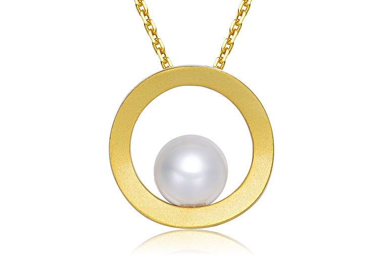 Genuine Freshwater Round Pearl, 14k Gold Plated over Brass Sterling Silver Pendant Necklace