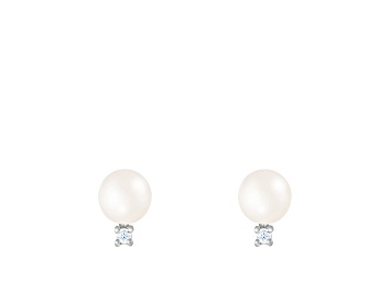 Picture of White Cultured Freshwater Pearl and CZ Rhodium Over Sterling Silver 6-7mm Button Earrings