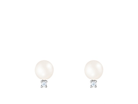 White Cultured Freshwater Pearl and CZ Rhodium Over Sterling Silver 6-7mm Button Earrings