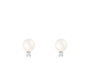 White Cultured Freshwater Pearl and CZ Rhodium Over Sterling Silver 6-7mm Button Earrings