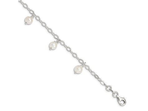 Sterling Silver White Semi-round Freshwater Cultured Pearl Bracelet
