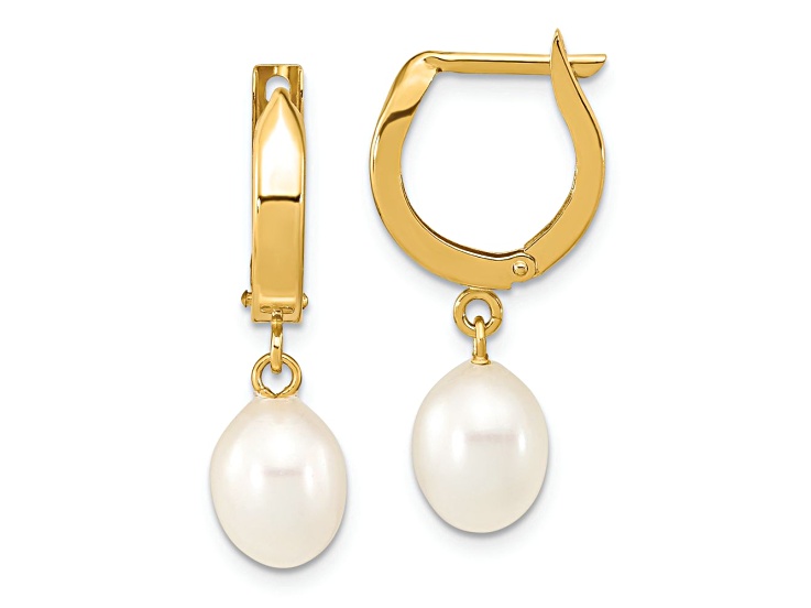 10k Yellow Gold 6-7mm Rice White Freshwater Cultured Pearl Dangle 1" Hoop Earrings