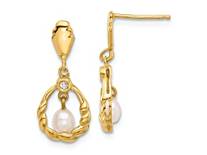 14K Yellow Gold 3-4mm Teardrop Freshwater Cultured Pearl and 0.02ct Diamond Post Dangle Earrings