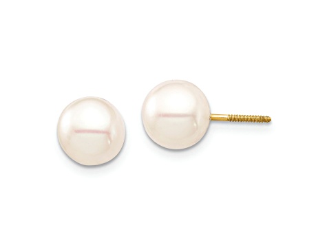 14K Yellow Gold Children's 7-8mm White Round Freshwater Cultured Pearl Stud Earrings