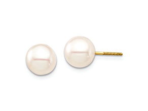14K Yellow Gold Children's 7-8mm White Round Freshwater Cultured Pearl Stud Earrings