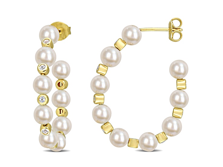4.5-5mm Cultured Pearl and White Topaz Hoop Earrings in 14K Yellow Gold Over Sterling Silver