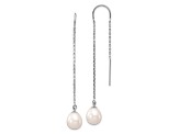 Rhodium Over 14K White Gold 7-8mm White Teardrop Freshwater Cultured Pearl Threader Earrings