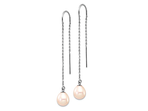 Rhodium Over 14K White Gold 7-8mm White Teardrop Freshwater Cultured Pearl Threader Earrings