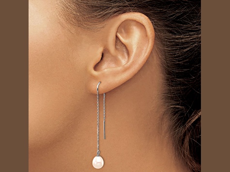 Rhodium Over 14K White Gold 7-8mm White Teardrop Freshwater Cultured Pearl Threader Earrings