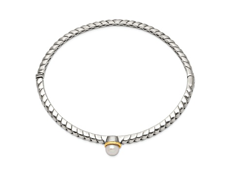 Sterling Silver with 14K Gold Over Sterling Silver 6mm Freshwater Cultured Pearl Bangle Bracelet