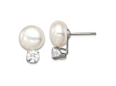 Sterling Silver 10-11mm Freshwater Cultured Button Pearl with White Topaz Earrings