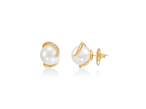 White Freshwater Pearl with 0.14ctw Diamond 14K Yellow Gold Stud Earrings