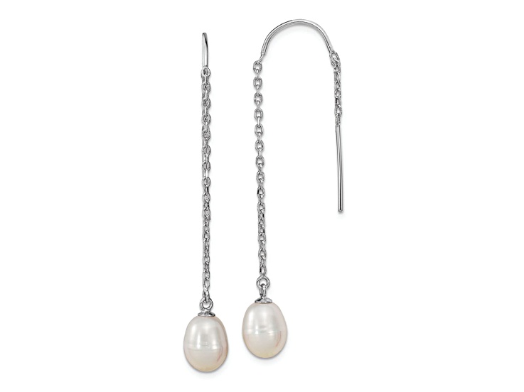 Rhodium Over Sterling Silver  7-8mm Freshwater Cultured Pearl Threader Earrings