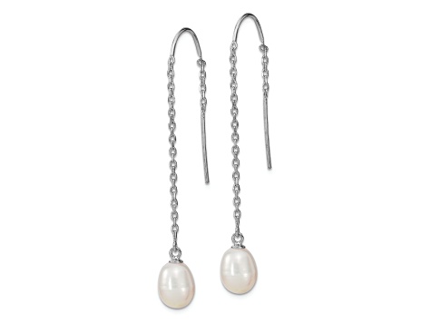 Rhodium Over Sterling Silver  7-8mm Freshwater Cultured Pearl Threader Earrings