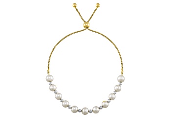Picture of White Freshwater Pearl and Metal Bead 14K Yellow Gold Over Sterling Silver Bolo Bracelet