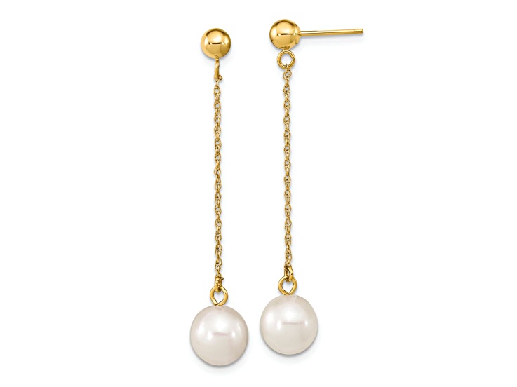 10k Yellow Gold 7-8mm White Round Freshwater Cultured Pearl Dangle Earrings