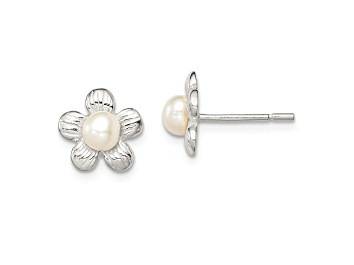 Picture of Sterling Silver Polished and Textured Simulated Pearl Flower Post Earrings
