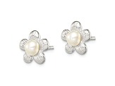 Sterling Silver Polished and Textured Simulated Pearl Flower Post Earrings