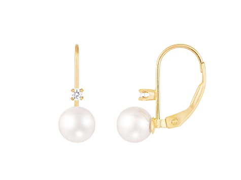 14k Yellow Gold Leverback Earring with 6mm Freshwater Pearl and .06CT DTW