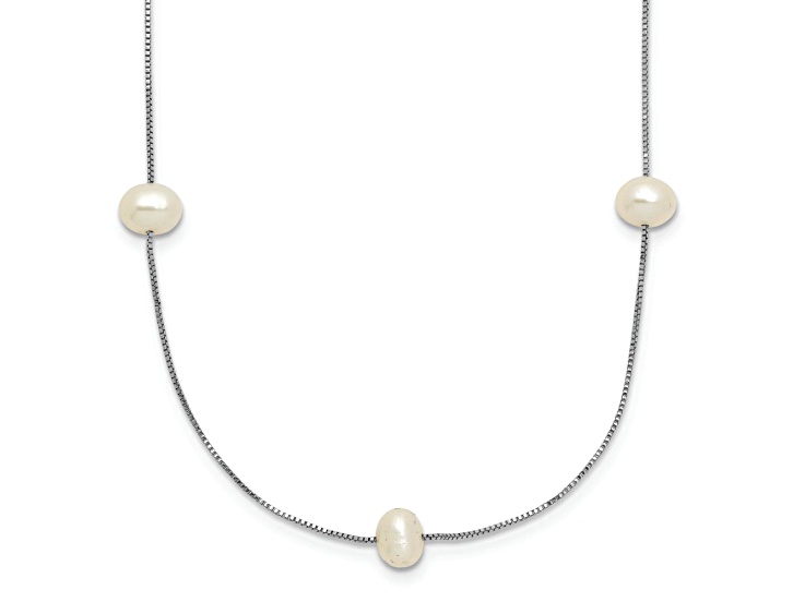 Rhodium Over 10k White Gold 5-6mm Round White Freshwater Cultured Pearl 9-Station 18 Inch Necklace